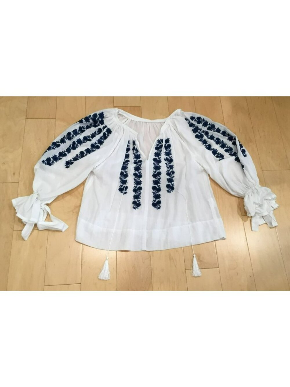 Embroidered White Blouse With Blue Pattern, beads, Tie Sleeves & Tassel. Medium
